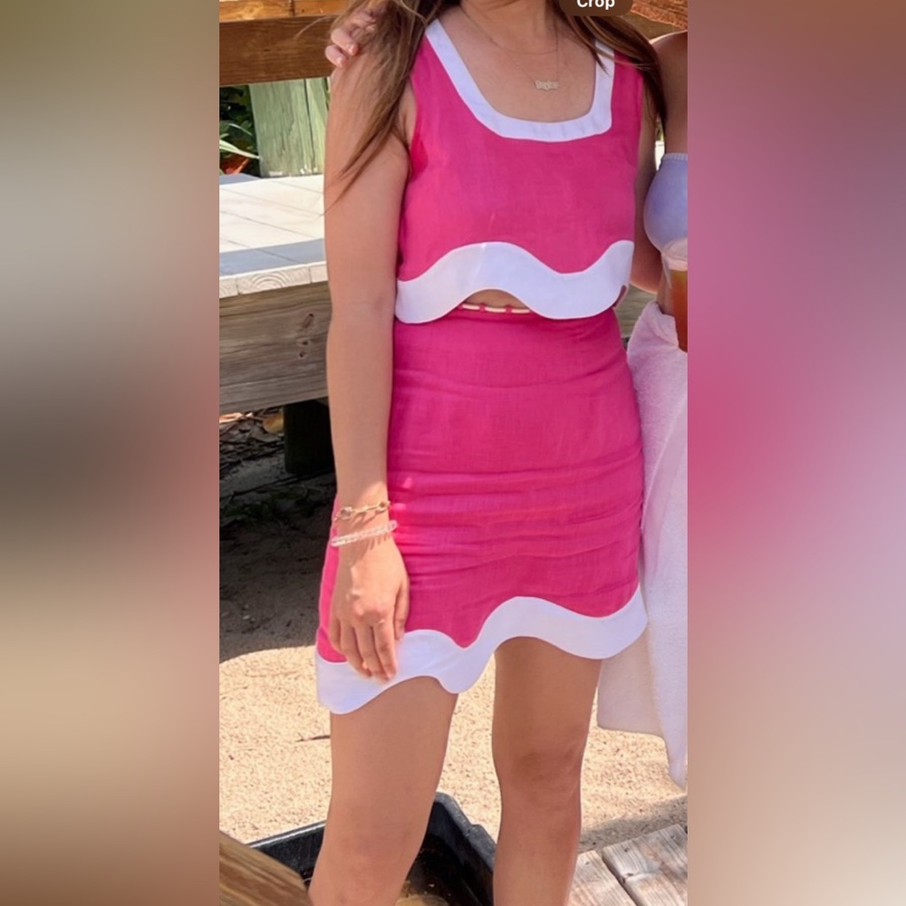 STAUD Pink Mini Pencil SET with Asymmetrical Cut Out for Resort Wear